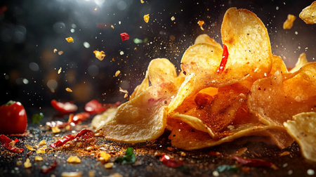 Potato chips with flying paprika on black background, close upの素材