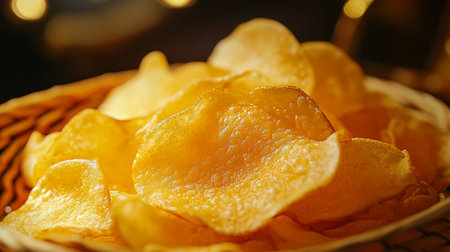 Potato chips in a basket, close-up, selective focusの素材