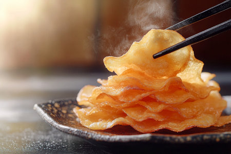 Chopsticks picking up deep-fried sweet potato chips on a plateの素材