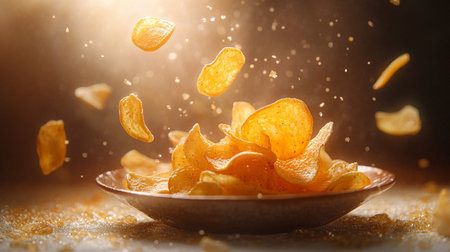 Potato chips falling into a bowl with splashes on a dark backgroundの素材