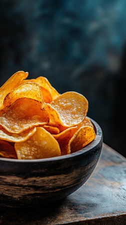 Potato chips in bowl on dark rustic background, selective focusの素材