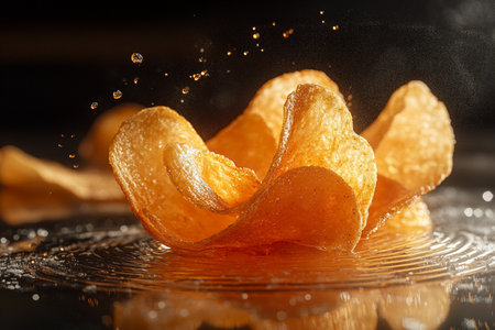 Crispy potato chips on a black background with water drops.の素材