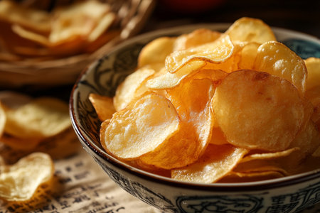 Potato chips in a bowl on a wooden background. Close-up.の素材