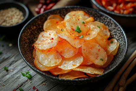 Potato chips with chilli sauce on rustic wooden background.の素材