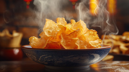 Potato chips in a bowl on a wooden table, selective focusの素材