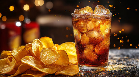 Glass of cola with ice cubes and potato chips on dark backgroundの素材