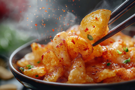 Potato grilling in a bowl with chopsticks, closeupの素材