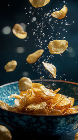 Potato chips falling into a bowl with splashes of water.の素材