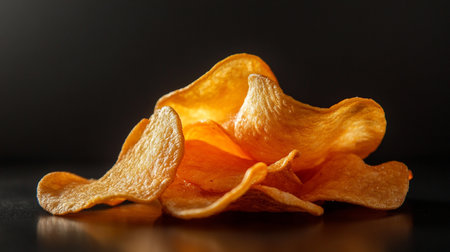 Potato chips on a black background. Close-up image.の素材