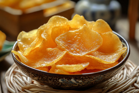 Potato chips in a bowl on a wooden background. Selective focus.の素材