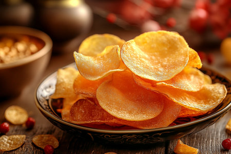 Potato chips in bowl on wooden table, closeup. Delicious snackの素材