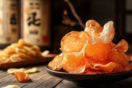 Potato chips on wooden table, closeup. Snack conceptの素材
