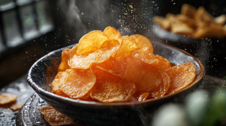 Potato chips in a bowl on the table, close-upの素材