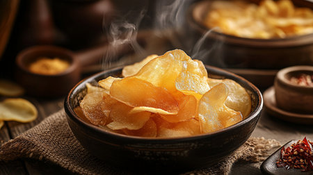 Potato chips in bowl on wooden table, closeup. Appetizerの素材