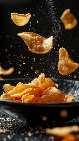 Potato chips falling into black bowl with splashes on dark backgroundの素材