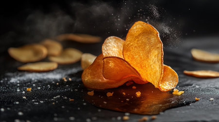 Potato chips on a black background sprinkled with salt. Close-up.の素材