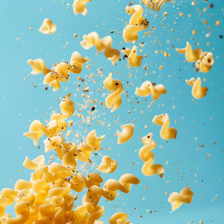 Falling pasta on a blue background. Flying macaroni.の素材