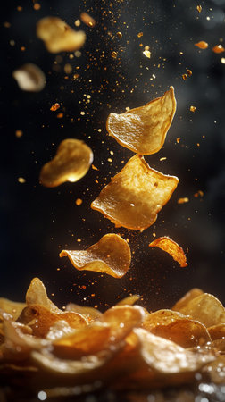 Potato chips flying in the air on a dark background. Close-upの素材