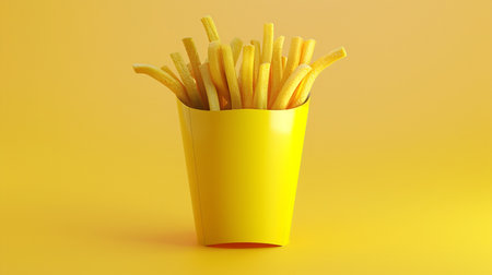 French fries in a yellow cup on a yellow background. 3d renderingの素材