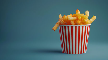 Golden French fries in a striped box on a blue background. 3d renderingの素材