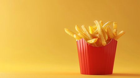 Golden French fries in a red box on a yellow background. 3d renderingの素材
