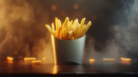 French fries in a paper box on a dark background. Fast food conceptの素材
