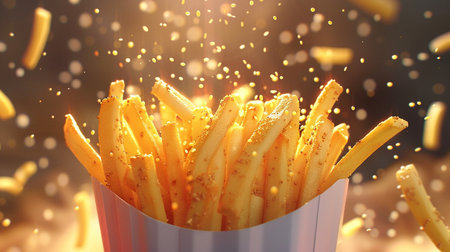 Golden French fries in paper box, closeup. Fast food conceptの素材