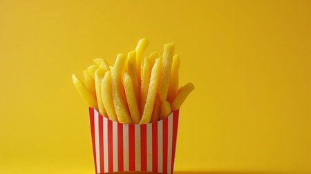 French fries in a red and white box on a yellow background.の素材