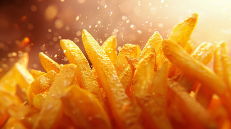 Golden French fries close up. Fried potatoes background. Selective focusの素材