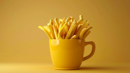 Golden French fries in a yellow cup on a yellow background. 3d renderingの素材