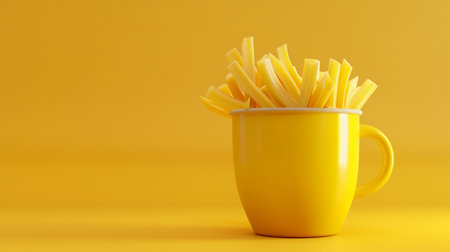 French fries in yellow cup on yellow background. 3d illustration.の素材