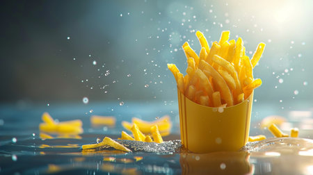 Golden French fries in a yellow cup on a blue background with water dropsの素材