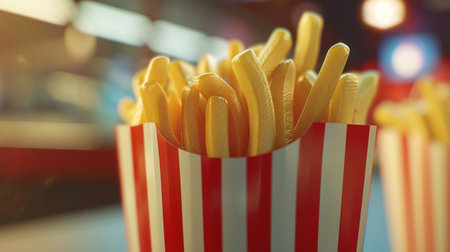 Close-up of french fries in paper box, shallow depth of fieldの素材