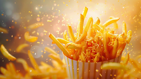 Golden French fries in paper box on blurred background, fast food conceptの素材