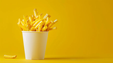 Golden French fries in a white paper cup on a yellow background.の素材