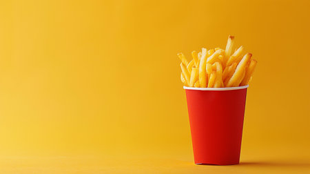French fries in a red paper cup on a yellow background. Copy space.の素材