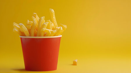 French fries in a red plastic cup on a yellow background with copy spaceの素材