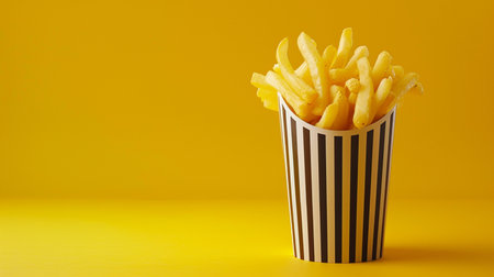 Golden French fries in a striped paper box on a yellow background.の素材