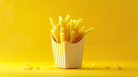 Golden French fries in paper box on yellow background. Fast food concept.の素材