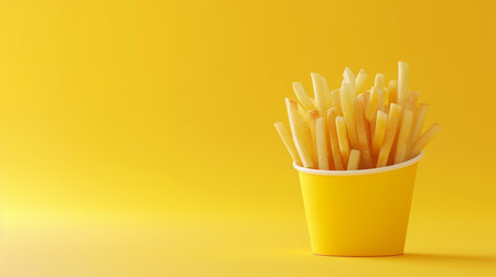French fries in a yellow cup on a yellow background. Close-up.の素材