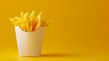 French fries in a paper box on a yellow background. Copy space.の素材