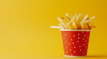 French fries in a paper cup on a yellow background with copy spaceの素材