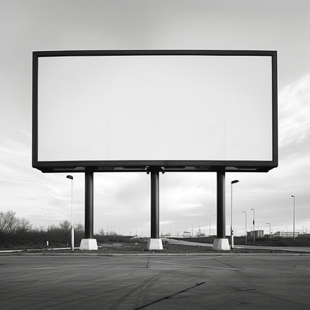Blank billboard on a highway, ready for new advertisement. Black and white.の素材