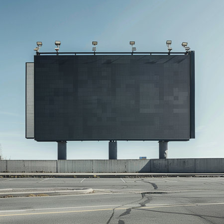 Blank black billboard on the road with blue sky. 3d renderingの素材