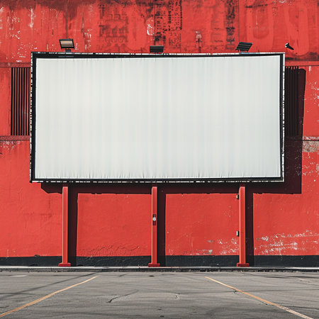 Large blank billboard on a red wall, ready for your advertisement.の素材