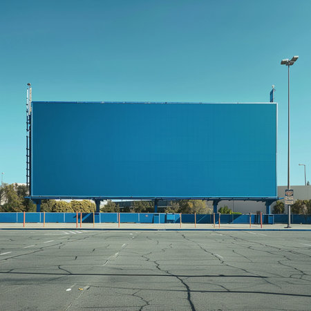 Empty parking lot with large blank billboard on blue sky background. Mock upの素材