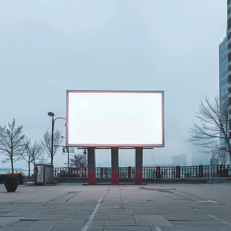Blank billboard on the street in the fog. 3d renderingの素材