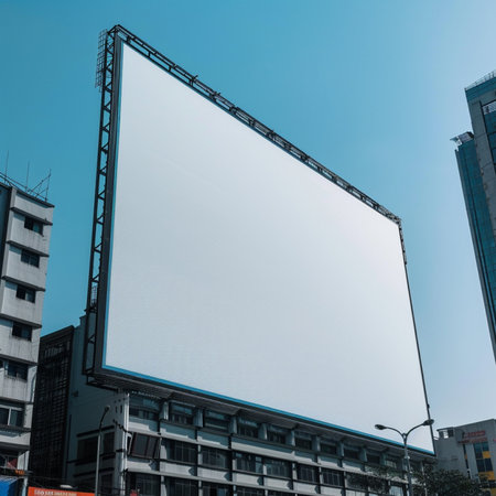 Blank white billboard on city street with blue sky background for advertisement.の素材