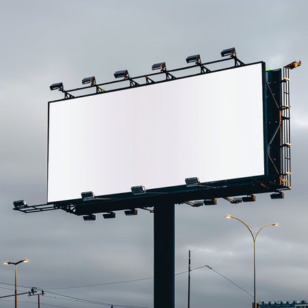 Blank billboard on city street at cloudy day. 3d renderの素材