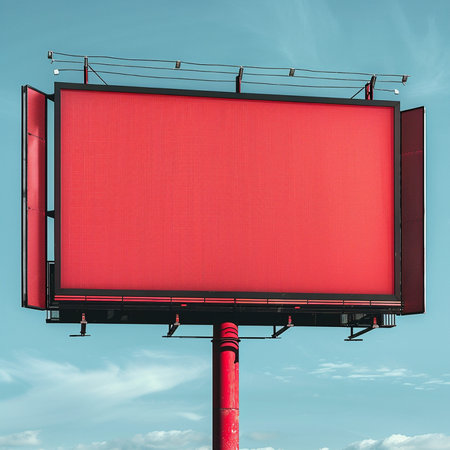 Blank red billboard on blue sky background. 3d rendering.の素材